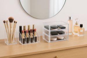 میز آرایش مرتب با استند آرایشی شفاف و مدرن برای نگهداری انواع لوازم آرایشی